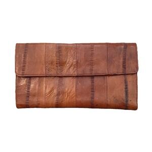 Vintage Eel Skin Leather Wallet Brown Trifold Credit Card ID Slot Made In Korea